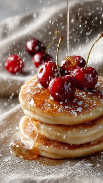 Изысканные оладьи с вишней и сиропом: фотореалистичный завтрак. Картинка из нейросети Midjourney