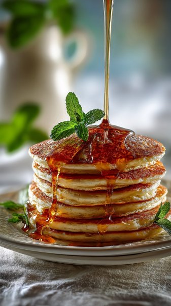Пышные панкейки с вишней и сиропом – восхитительный фотореализм. Изображение из нейронной сети Миджорни