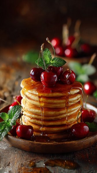 Стеклянные панкейки с вишней и сиропом в теплом свете. Изображение из нейросети Миджорни