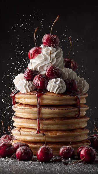 Изысканные оладьи с вишней и кремом - фотореалистичный шедевр. Нейронная сеть Midjourney