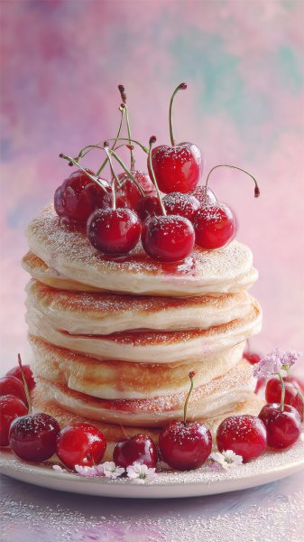 Изысканные оладьи с вишней в нежной пастельной атмосфере. Генерация из нейросети Миджорни
