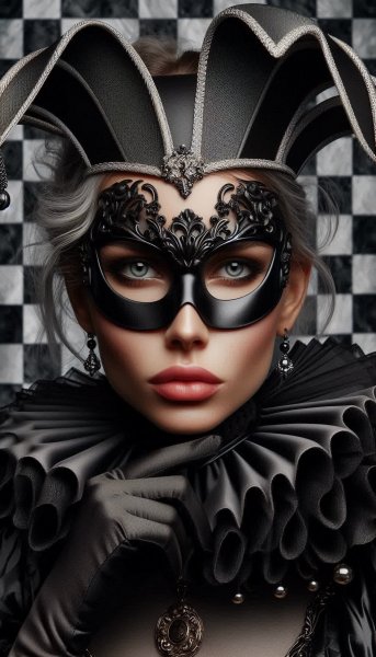 Загадочная шутка: мрачный портрет женщины-дурочки в маске. Генерация из нейронной сети Dalle 3