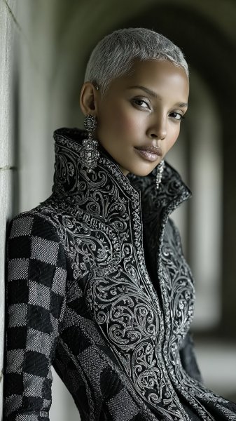 Королева в шахматном боди перед трещиной в стене. Картинка из нейросети Миджорни