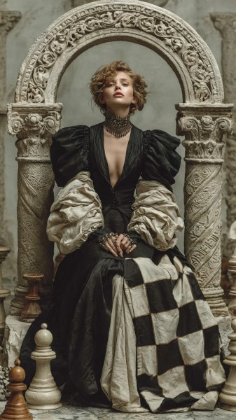 Королева шахматной партии в роскошном чертополосе и серебряной короне. Изображение из нейросети Midjourney