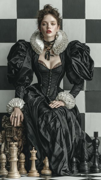 Шахматная королева в таинственном черно-белом мире моды и искусства. Картинка из нейронной сети Midjourney