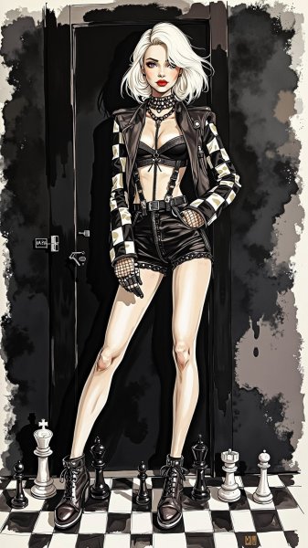 Элегантная модель в шахматном наряде: драматичная иллюстрация. Нейронная сеть Flux 1