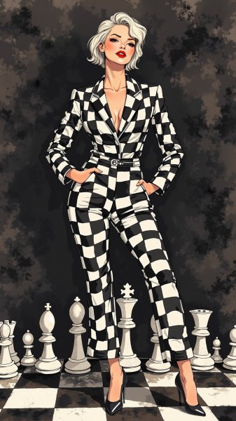 Шахматная королева в черно-белой клетке: эффектный образ и стилизация под рисунок тушью. Изображение из нейронной сети Flux 1