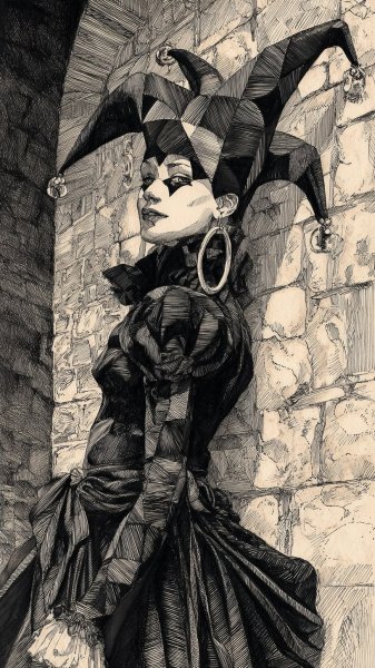 Загадочная шутовка в черном: драматичный портрет с текстурой. Изображение из нейронной сети Миджорни