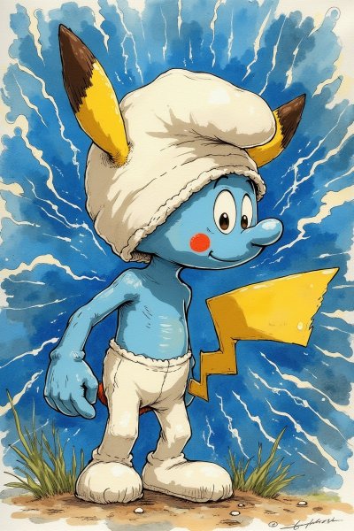 Синий Смурфик-Пикачу: Электрический гибрид в стиле поп-арт с яркими деталями и энергичным фоном. Изображение из нейросети Flux 1