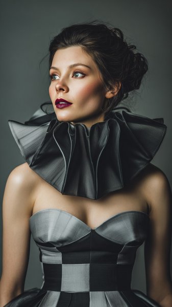 Элегантность в черно-белых шахматных узорах и ярких акцентах. Изображение из нейронной сети Midjourney