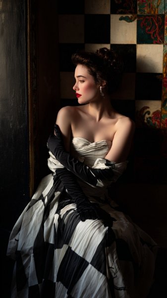 Таинственная дама в полосках и цилиндре: загадочный портрет в черно-белых тонах. Картинка из нейросети Midjourney