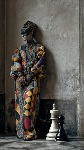 Загадочная дама в маске и ярком наряде с шахматным уклоном. Изображение из нейронной сети Midjourney