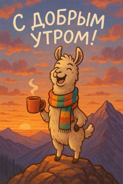 Утро на вершине с ламой и кофе. Картинка из нейросети Sora Image
