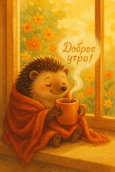 Уютное утро ежика с чашкой горячего напитка. Генерация из нейронной сети Sora images Ai