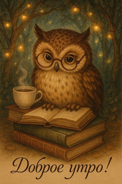 Сова-читатель в волшебном лесу с кофе и добрым утром. Генерация из нейросети Sora Images