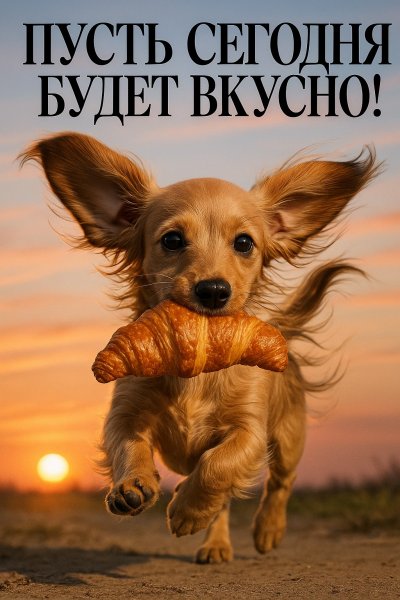 Утренний щенок с круассаном: вкусное начало дня под солнечными лучами. Нейросеть Sora Images