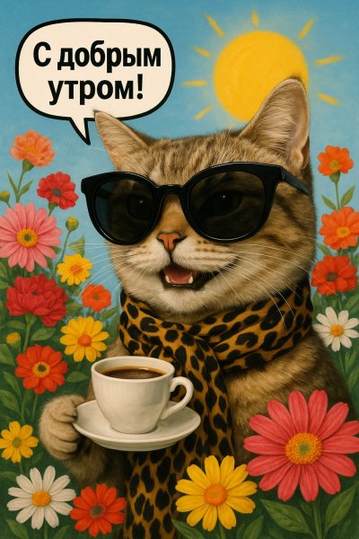 Утро с котиком и кофе: солнечное настроение. Генерация из нейросети Sora Ai Images