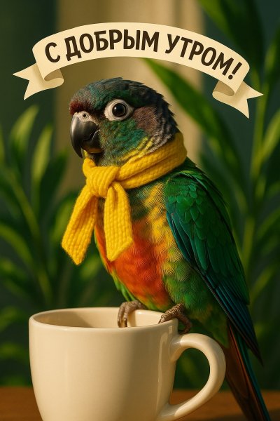 Утреннее настроение с ярким попугаем и кофе. Картинка из нейронной сети Sora images Ai