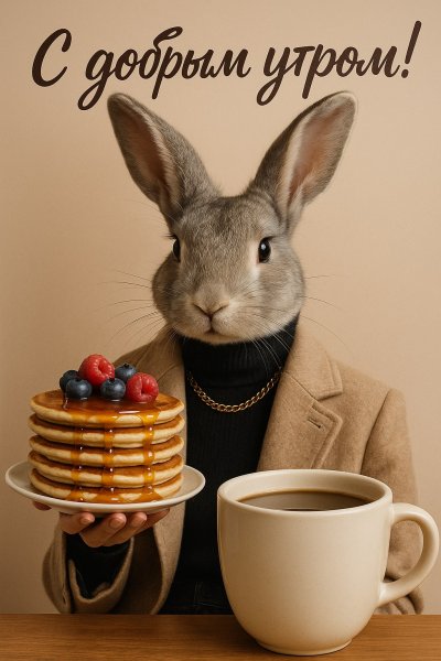 Уютное утро с кроликом и горой вкусных блинчиков: сладкое начало дня. Изображение из нейронной сети Sora Image