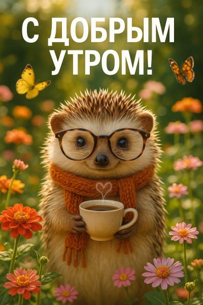 Уютное утро ёжика с чашкой горячего чая в цветущем саду. Изображение из нейросети Sora images Ai