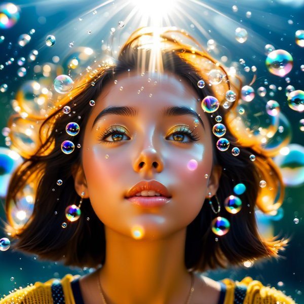 Солнечные блики и игривые пузырьки: милый сюрреалистичный момент. Картинка из нейронной сети Stable Diffusion