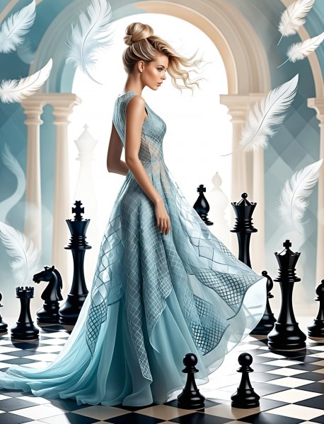 Изысканный образ: шахматная элегия в кружевном платье и сюрреалистичном танце света. Изображение из нейросети Stable Diffusion