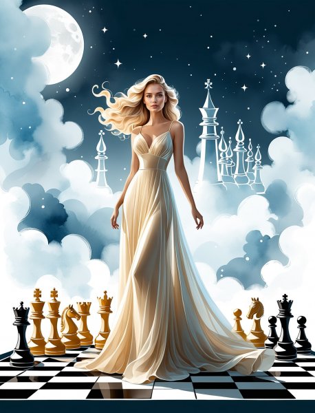 Мечта в облаках: сюрреалистичная фея и шахматный мир. Картинка из нейронной сети Stable Diffusion