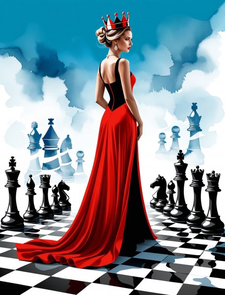 Королева шахматного неба в алом вихре фантазий и света. Изображение из нейронной сети Stable Diffusion