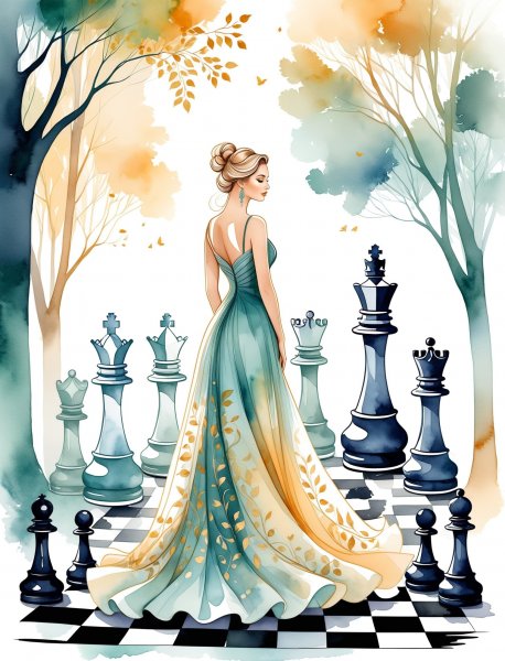 Загадочная королева в сказочном лесу шахматных деревьев и золотого света. Картинка из нейросети Stable Diffusion