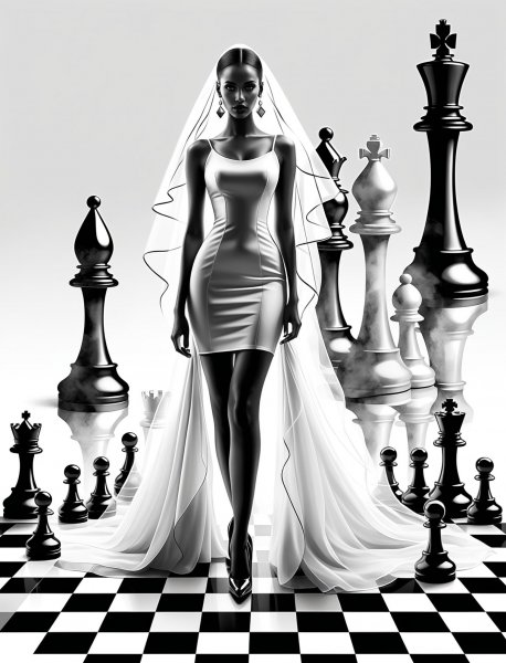 Стиль и сюрреализм: монохромная элегантность на живой шахматной доске. Генерация из нейросети Stable Diffusion