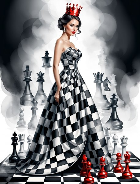 Шахматная фантазия: женщина в платье из доски и дымки тайны. Изображение из нейронной сети Stable Diffusion