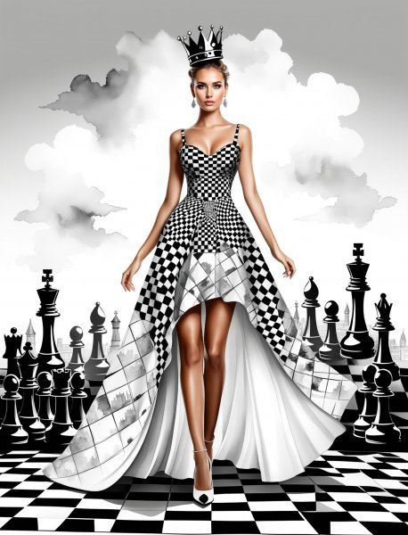 Королева шахматной доски в сюрреалистичном городе двойной экспозиции. Нейросеть Stable Diffusion