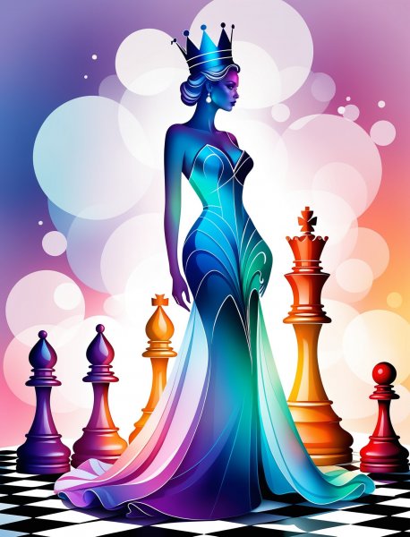 Королева в шахматном саду: эфемерная мода и сюрреалистичный свет заката. Картинка из нейронной сети Stable Diffusion