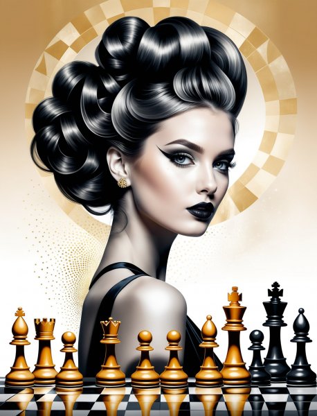 Шахматная принцесса в зеркальном тумане: сюрреалистичная красота и двойное воздействие. Нейросеть Stable Diffusion