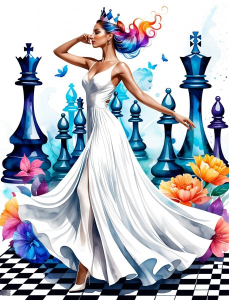 Танец в шахматном сне: фотореалистичная мечта в белом платье. Картинка из нейронной сети Stable Diffusion