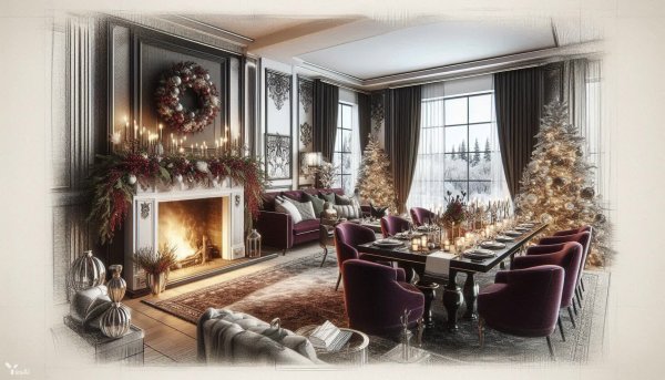 Роскошный зимний интерьер гостиной с новогодним настроением. Нейронная сеть Dalle