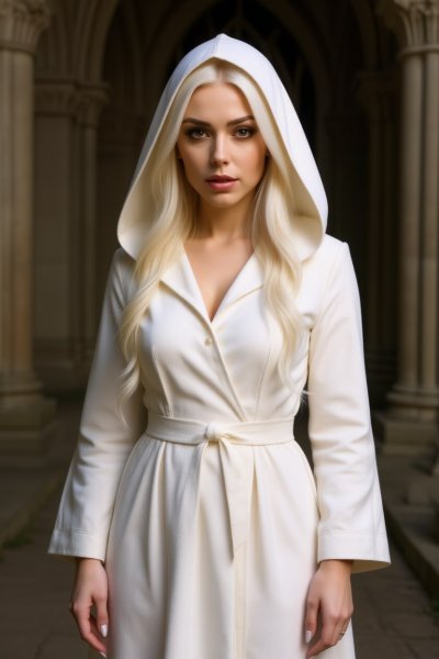 Вампирша в белом: портрет в старинном замке с колоннами. Генерация из нейросети Qwen Image