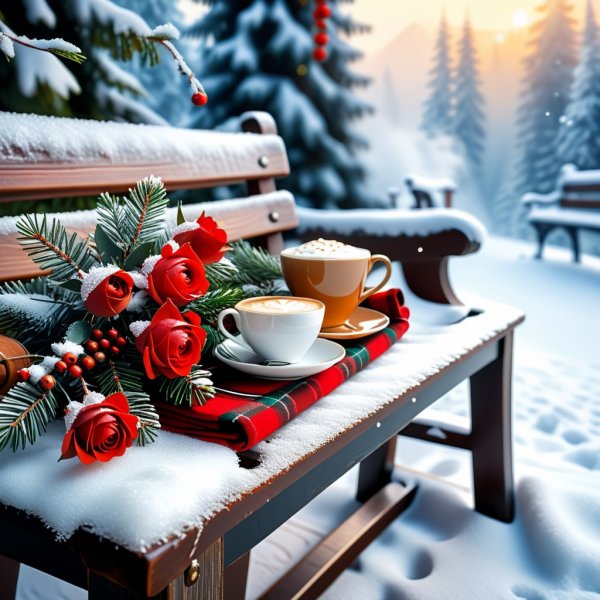 Зимнее утро: уютный пейзаж с розами и капучино в деталях. Картинка из нейронной сети Стейбл Дифьюжен