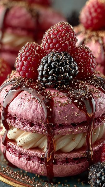 Изысканная композиция макарон и малины в розовых тонах. Изображение из нейросети Миджорни