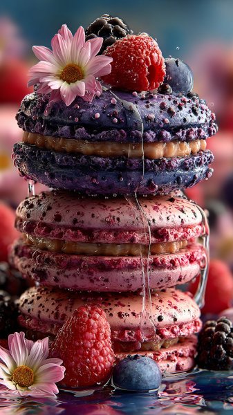 Яркие макаруны и свежие ягоды в динамичном танце. Нейросеть Midjourney