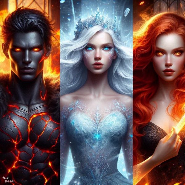 Трое владык стихий: огонь, лёд и тень. Эпическая фантазия в гиперреализме. Нейронная сеть Далли 3