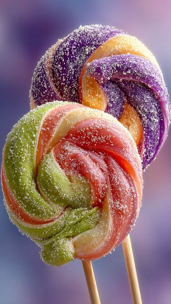 Яркий фон и сладкие леденцы: розовый и зеленый десерт в стиле HDR. Изображение из нейросети Миджорни