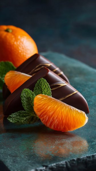 Апельсиновое наслаждение в шоколаде с мятой. Картинка из нейронной сети Midjourney