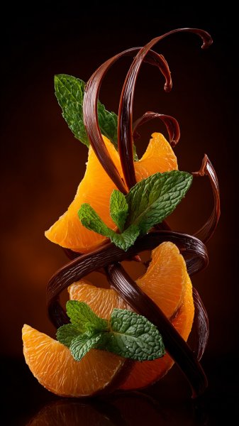 Апельсины, шоколад и мята: фотореалистичная композиция в мягком свете. Картинка из нейронной сети Midjourney