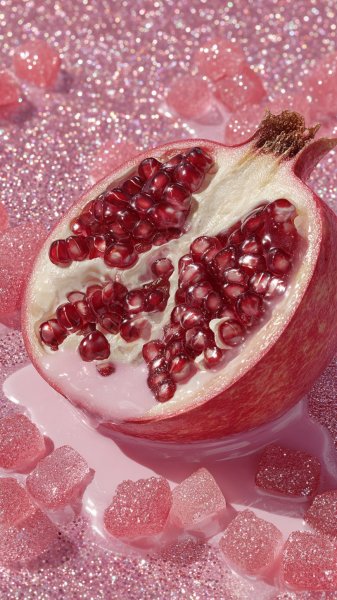 Сочный гранат и клубника в розовом сиянии. Генерация из нейронной сети Midjourney
