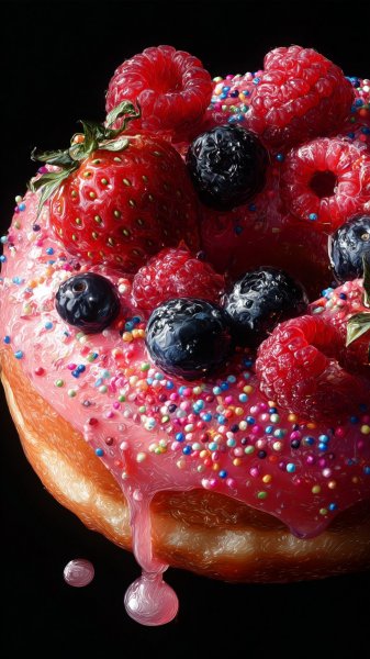 Яркий пончик с ягодами и сиропом в стиле raw. Изображение из нейронной сети Midjourney