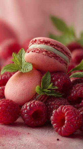 Ягодный десерт: Рапсбери и макаруны в стиле raw. Картинка из нейронной сети Midjourney