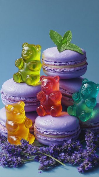 Яркие мармеладные мишки и фиолетовые макаруны в мягком свете. Изображение из нейронной сети Миджорни