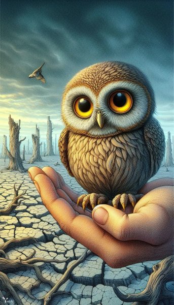 Сова в пустынном пейзаже: взгляд мастера Линиера. Изображение из нейронной сети Dalle 3