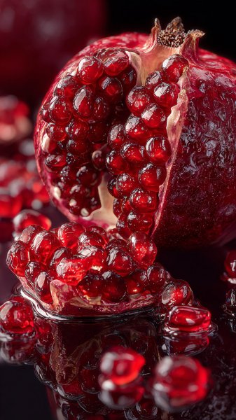 Сочные гранатовые зерна и капли воды в макросъемке. Картинка из нейронной сети Миджорни